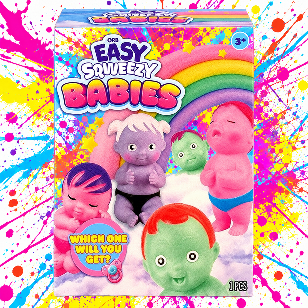 ORB Easy Sweezy Babies mystery box on colorful background