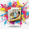 NeeDoh product photo on a bright neon paint-splatter background